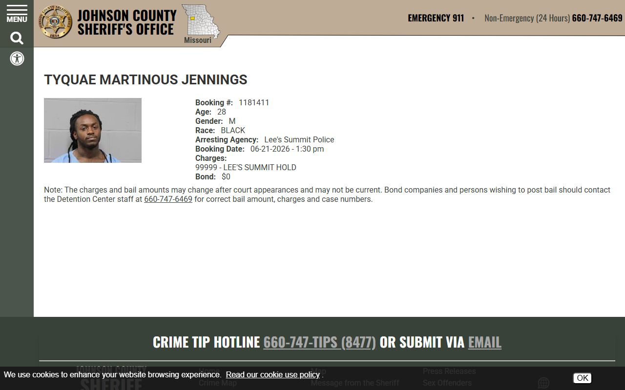 Johnson County arrest records sample inmate profile charges and bond