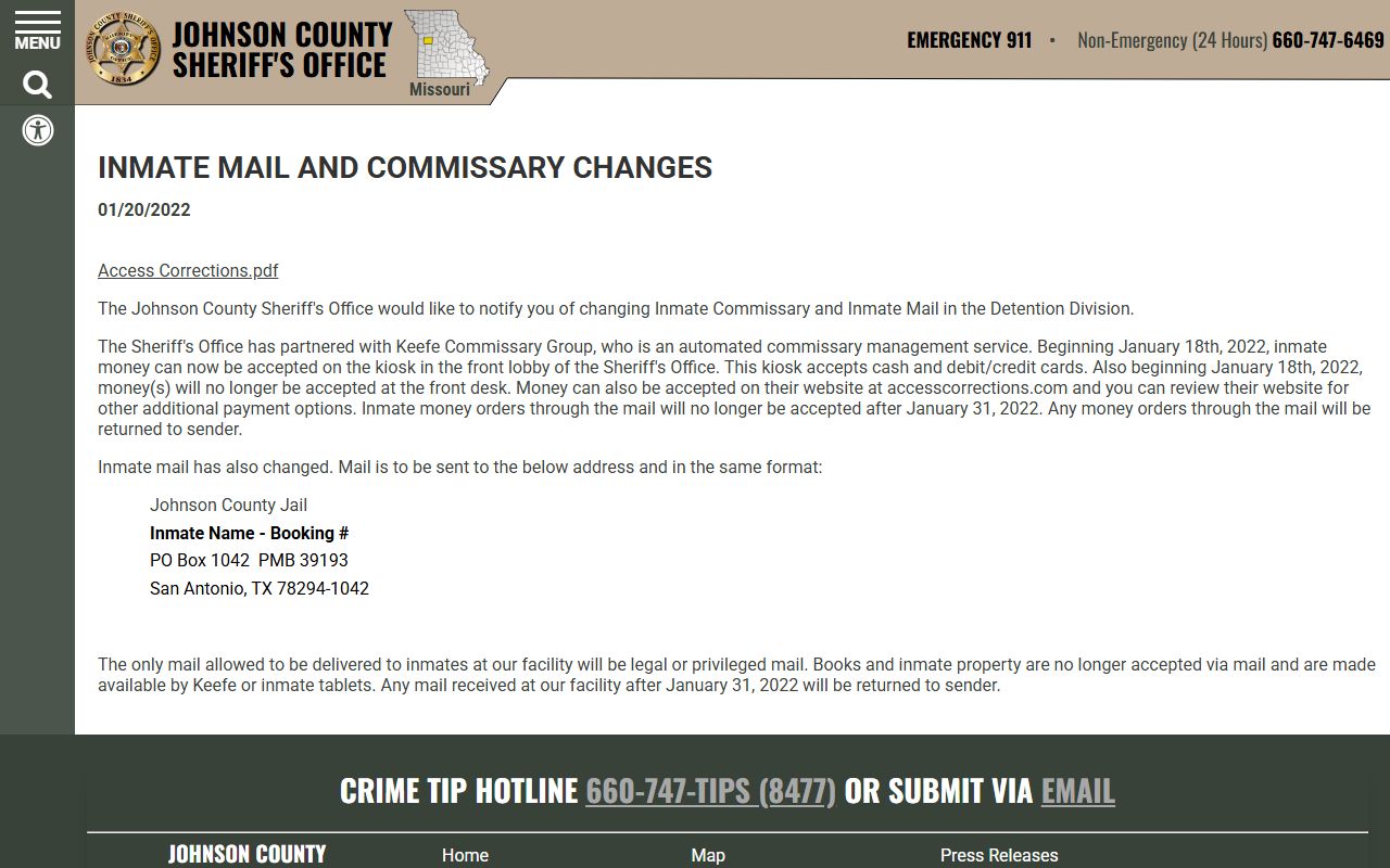 Johnson County inmate records mail and commissary changes