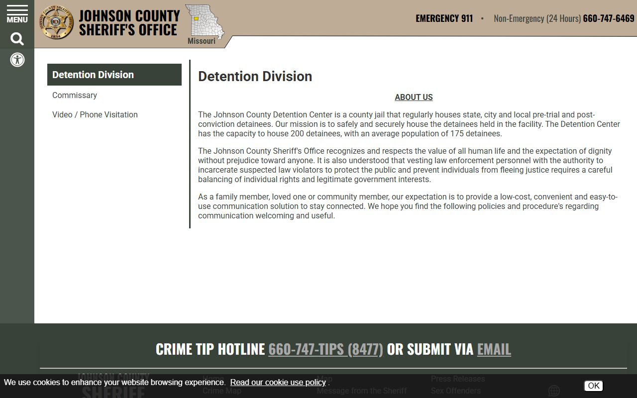 Johnson County inmate records Detention Division capacity