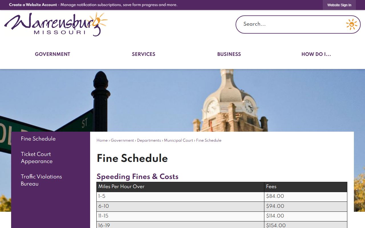 Johnson County traffic court records Warrensburg fine schedule