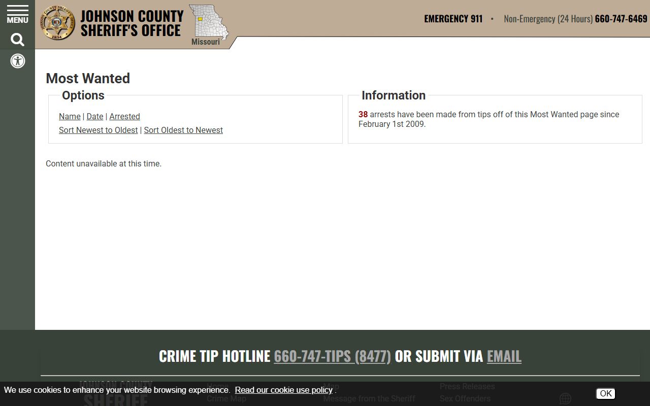 Johnson County warrant records Most Wanted page